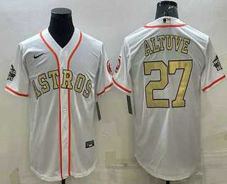 Mens Houston Astros #27 Jose Altuve White Gold 2022 World Series Champions Stitched Cool Base Nike Jersey